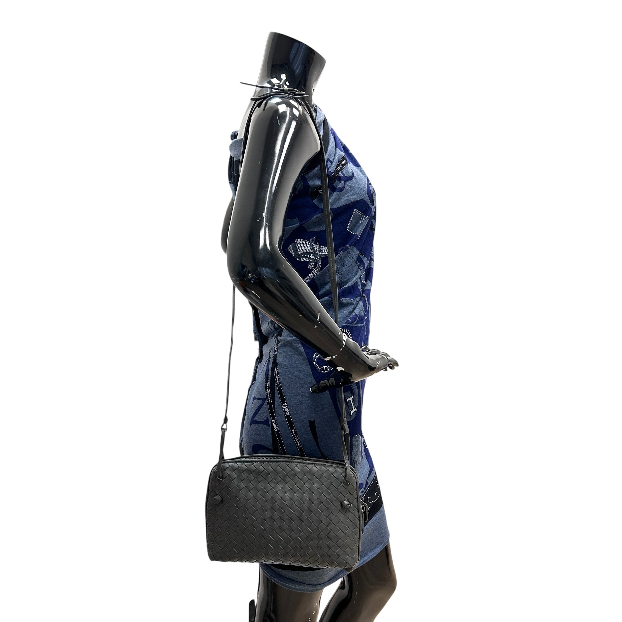 Grey Intrecciato Woven Nappa Leather Nodini Crossbody Bag w/Gunmetal HW