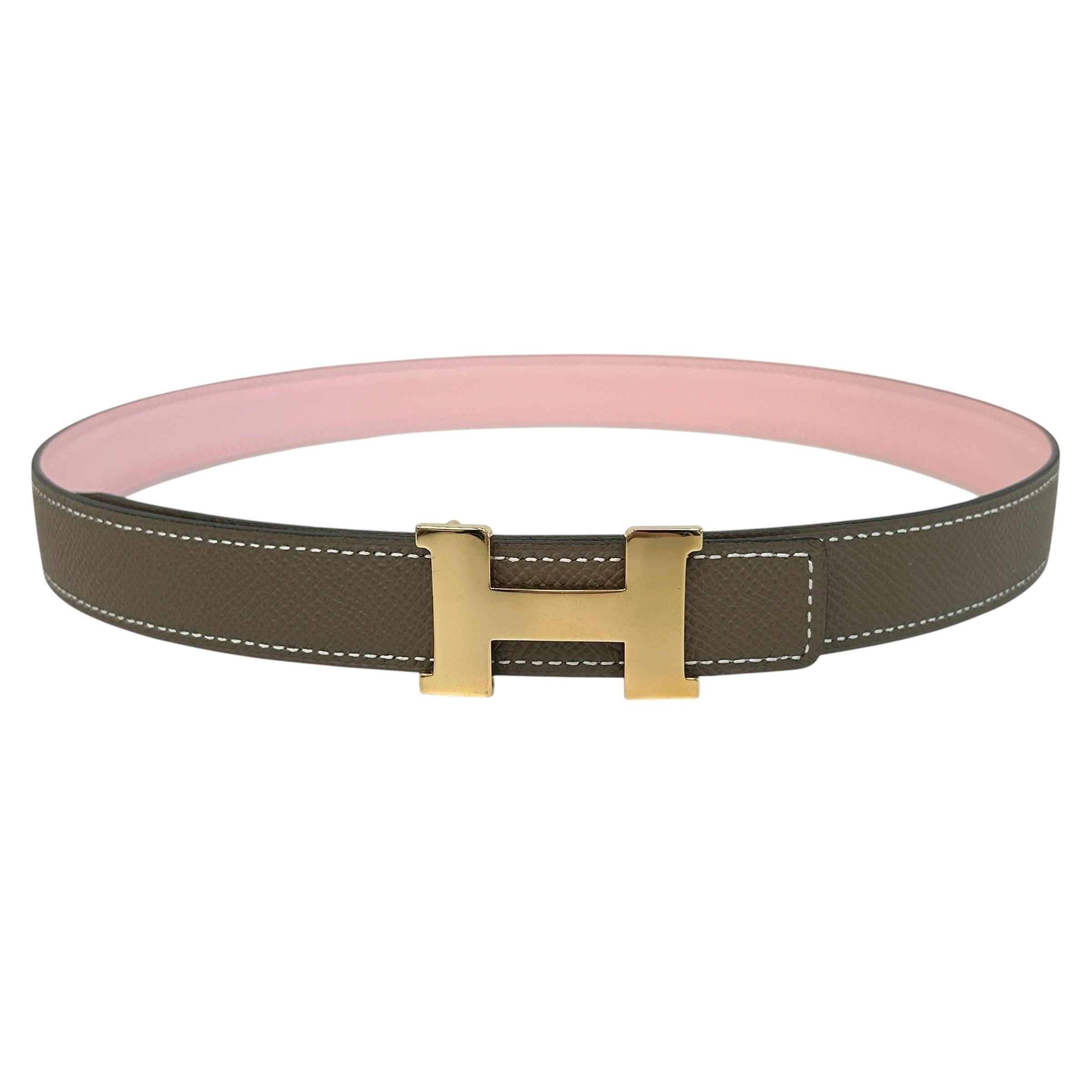 Rose Sakura Swift Leather/Etoupe Epsom Leather Reversible 24mm H Buckle Belt w/RGHW
