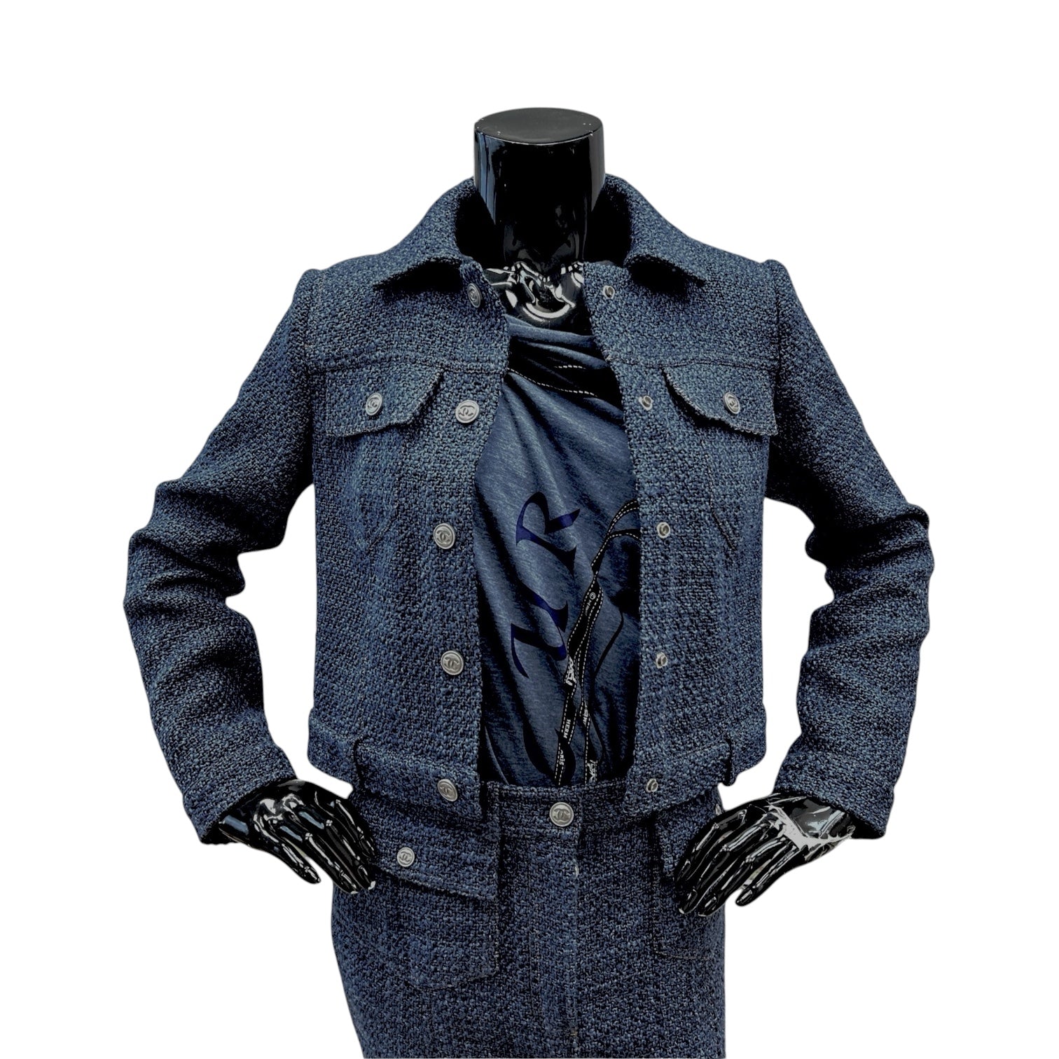 CC Button Blue Tweed Jacket & Skirt Set