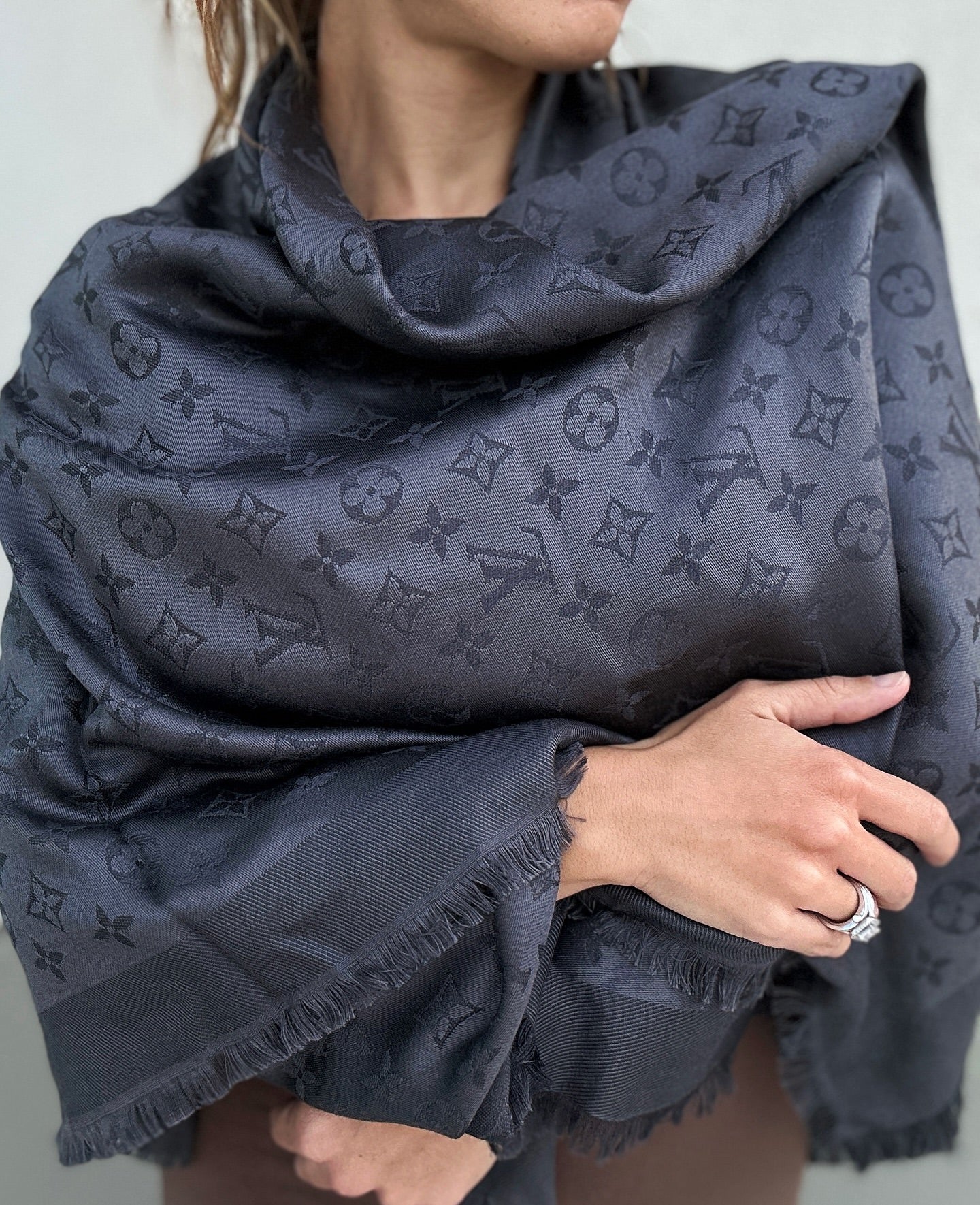 Grey Reversible Monogram Eclipse Wool/Silk Shawl - PENDING FOR DK