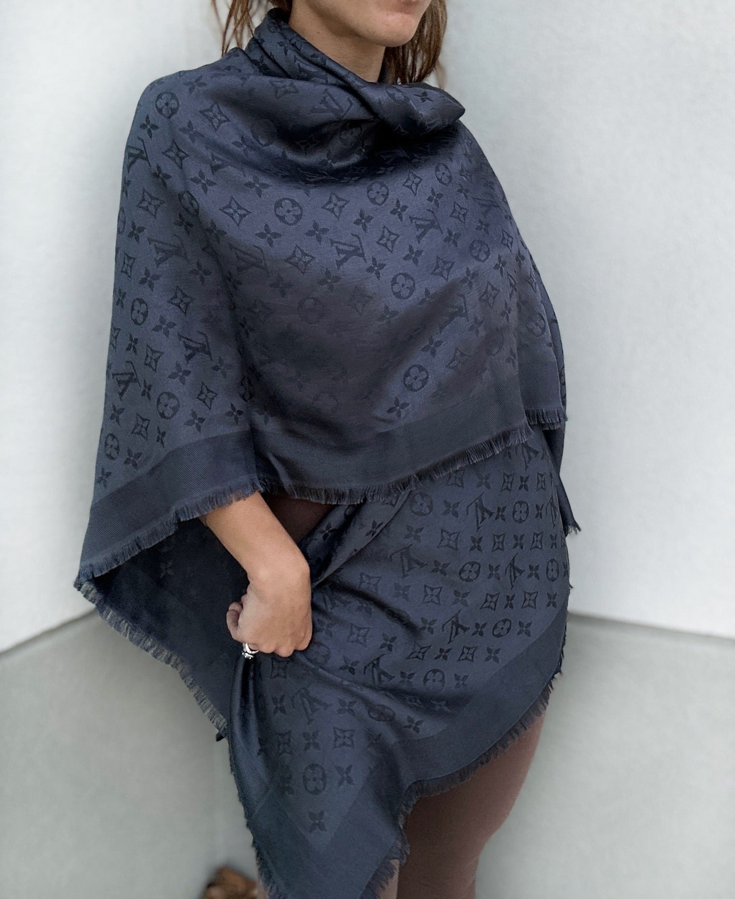 Grey Reversible Monogram Eclipse Wool/Silk Shawl - PENDING FOR DK