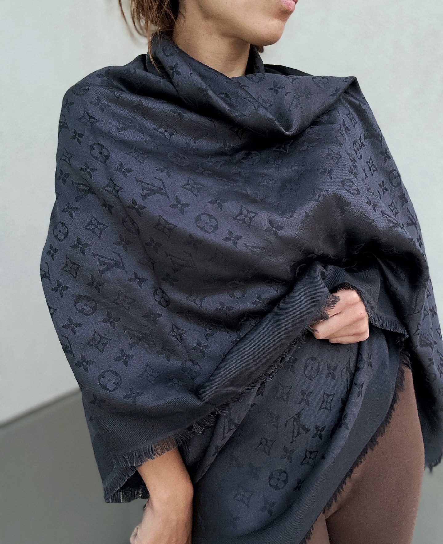 Grey Reversible Monogram Eclipse Wool/Silk Shawl - PENDING FOR DK