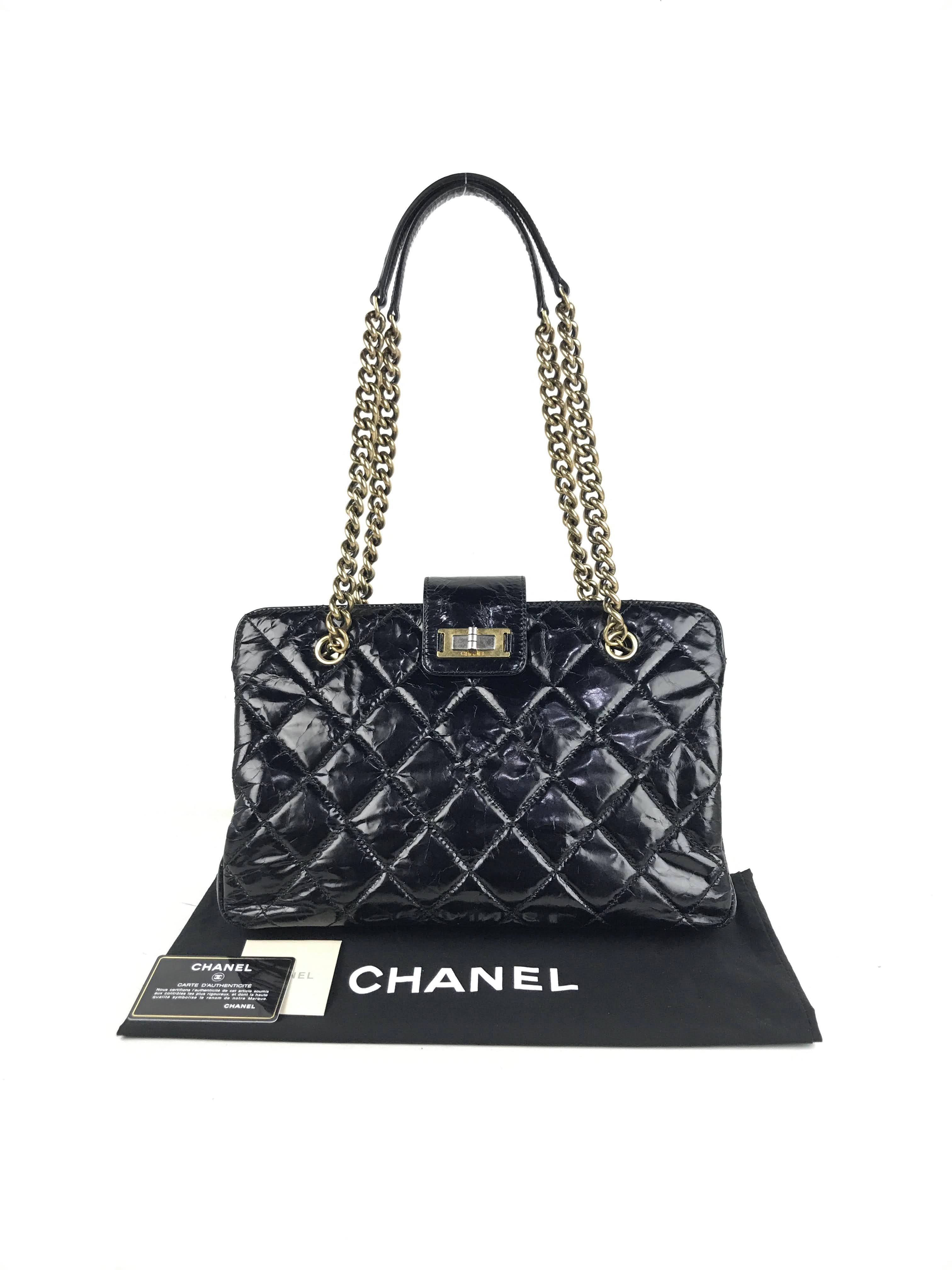 Black Crinkled Glazed Reissue Shopping Tote W/AGHW/RHW