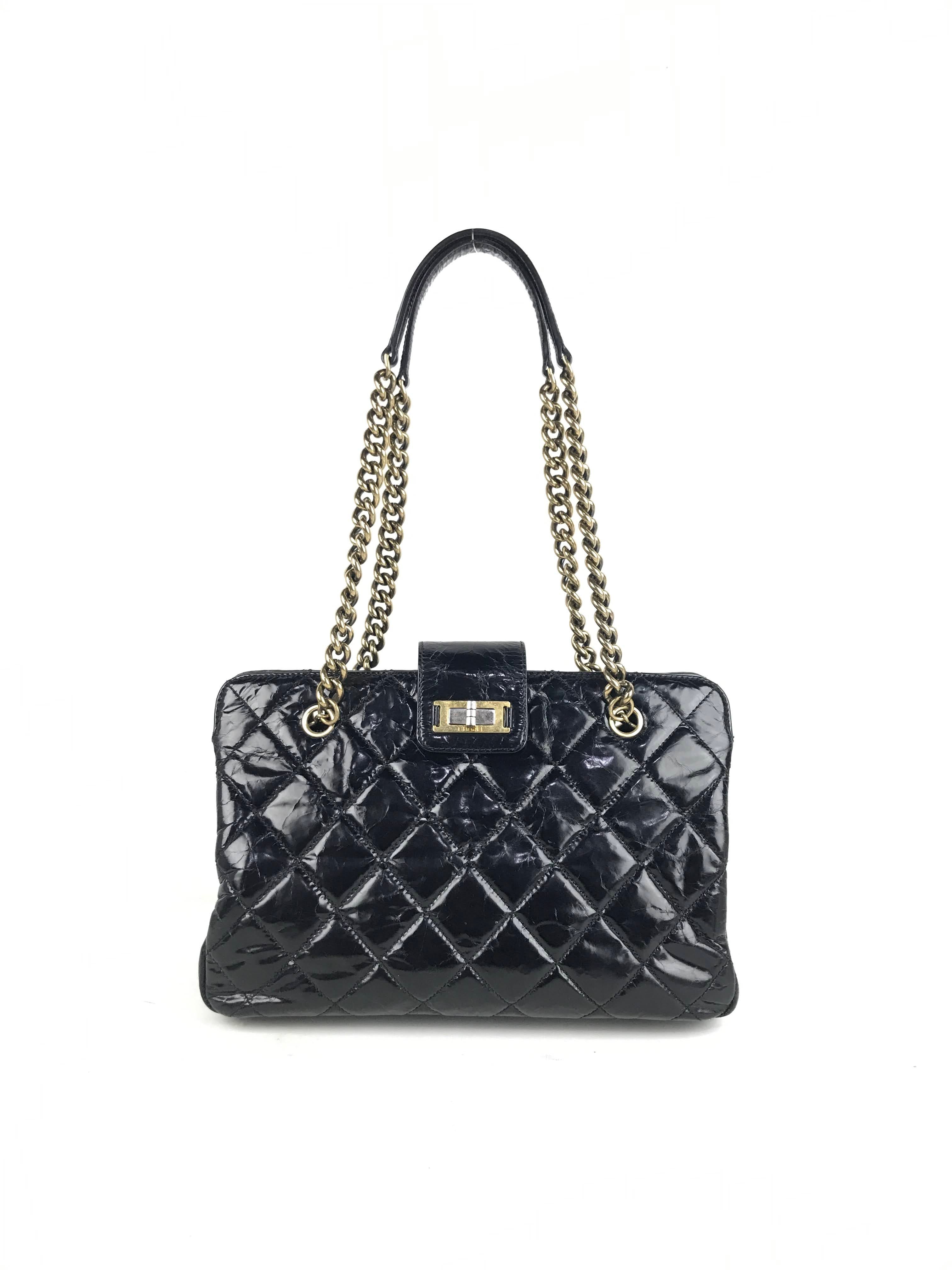 Black Crinkled Glazed Reissue Shopping Tote W/AGHW/RHW