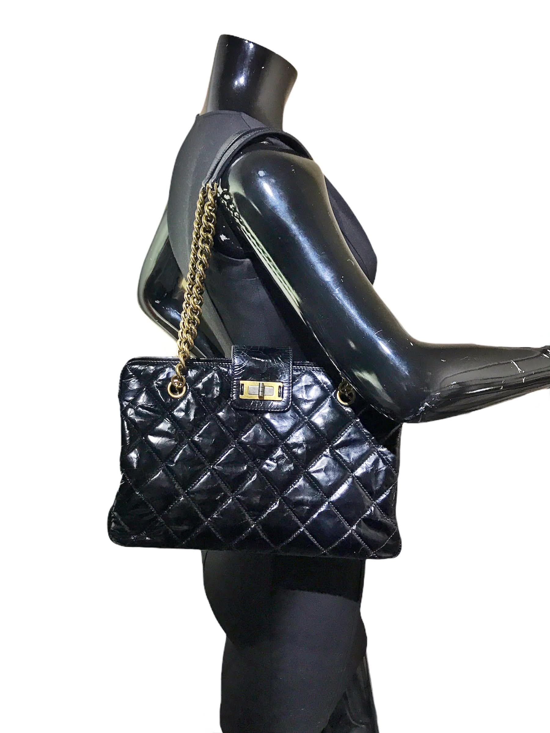 Black Crinkled Glazed Reissue Shopping Tote W/AGHW/RHW